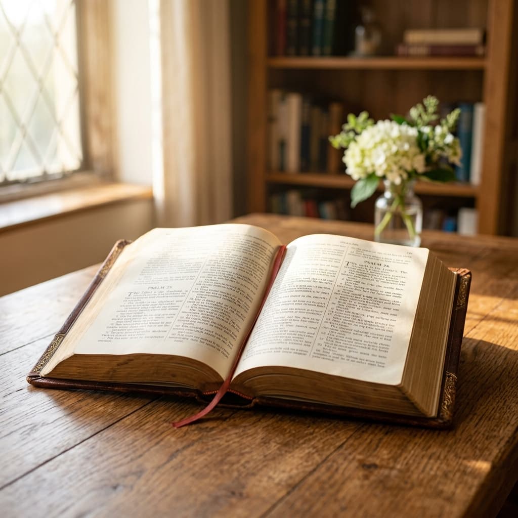Open Holy Bible on a wooden table with warm sunlight